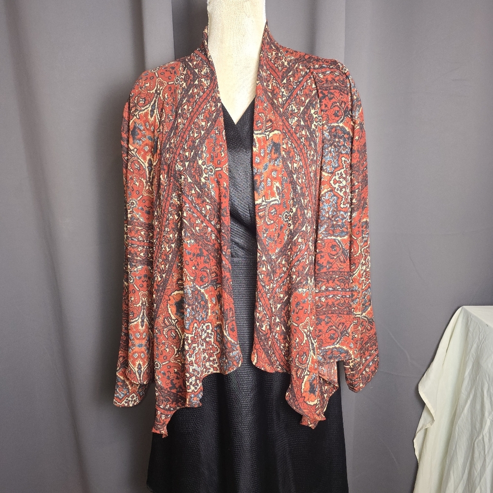 Ecote Boho Paisley Open Front Cardigan Womens Large Rust Draped Jacket